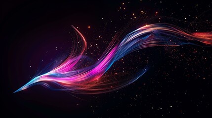 Poster - A glowing arrow formed by swirling, vibrant light beams, curving gracefully as it points towards the center, exuding a sense of fluidity and acceleration on a pure black background