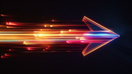 Poster - A luminous arrow made of dynamic light streaks, with colors transitioning smoothly from one to another, sharply directed towards the center, creating a powerful sense of forward motion against