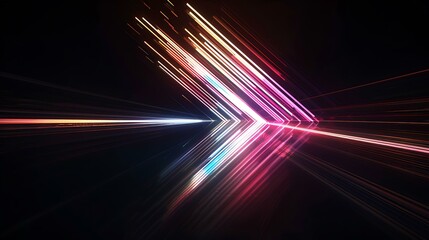 Poster - A luminous arrow made of dynamic light streaks, with colors transitioning smoothly from one to another, sharply directed towards the center, creating a powerful sense of forward motion against