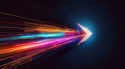 Poster - A luminous arrow made of dynamic light streaks, with colors transitioning smoothly from one to another, sharply directed towards the center, creating a powerful sense of forward motion against