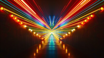 Poster - A vibrant arrow composed of multicolored light beams, radiating bright hues, curving gently as it points directly to the center of the image, set against a deep black background, capturing the