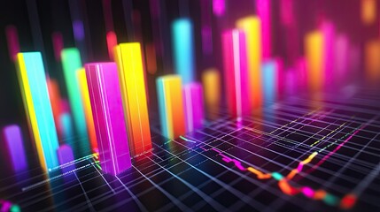 Poster - A close-up of a 3D bar graph displaying financial data with vibrant, colorful bars rising above a grid, showcasing the dynamic nature of investment trends.