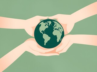 illustration featuring two hands gently cradling a small planet Earth against a soft green background