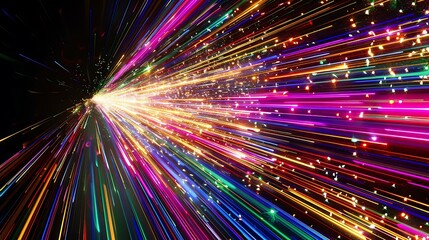 Poster - A vibrant arrow composed of multicolored light beams, radiating bright hues, curving gently as it points directly to the center of the image, set against a deep black background, capturing the