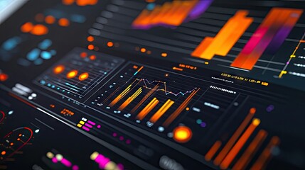 Poster - A close-up of a 3D financial dashboard with multiple graphs and charts, including bar, line, and pie graphs, showing comprehensive data analysis in a modern interface.