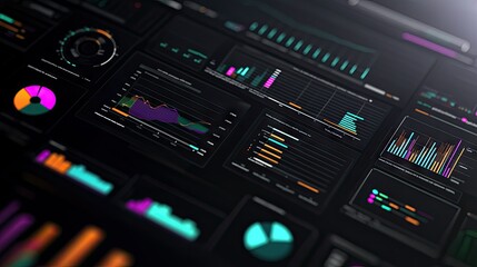 Poster - A close-up of a 3D financial dashboard with multiple graphs and charts, including bar, line, and pie graphs, showing comprehensive data analysis in a modern interface.