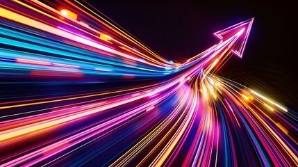 Poster - A vibrant arrow composed of multicolored light beams, radiating bright hues, curving gently as it points directly to the center of the image, set against a deep black background, capturing the