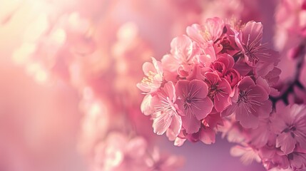 Wall Mural - Close-up of soft pink cherry blossoms in a dreamy light, creating a romantic and delicate spring floral scene.