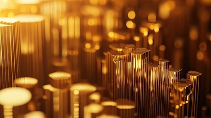 Poster - A close-up of a 3D gold stacked column graph with golden layers and segments, illustrating a breakdown of financial data with a luxurious and detailed presentation.