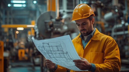 Wall Mural - Focused Engineer: A concentrated engineer in a yellow hardhat and jumpsuit meticulously reviews blueprints amidst the industrial backdrop of a bustling factory. The image captures the essence of preci