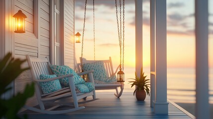 Wall Mural - A welcoming coastal porch with rocking chairs, a swing adorned with throw pillows in ocean hues