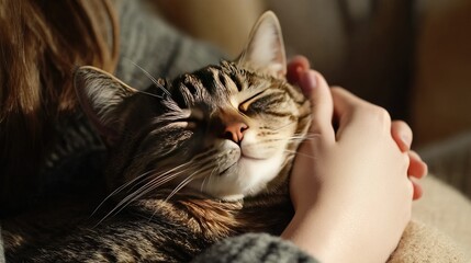 A close-up of a chubby cat being gently petted by a person, with a focus on its relaxed expression and soft fur, capturing the bond between pet and owner.