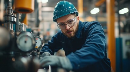 Focused on the Task: A dedicated industrial worker in a blue jumpsuit, safety glasses, and a teal hard hat, intently monitors machinery gauges in a bustling industrial setting.  The image captures the