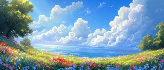 Poster - Charming and dreamy landscape featuring a sea and flowers on green grass. Fresh multicolors and white-blue tones with a cartoonish style