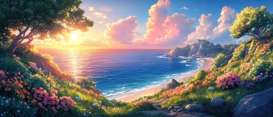 Poster - Charming cartoon-style landscape with a sea