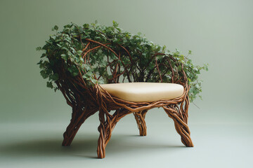 A chair with legs made of twisting vines and leaves, isolated on a pastel green background,