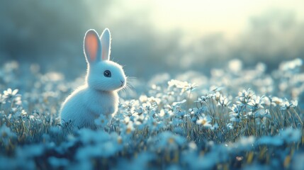 Poster - Blue grass hill with rabbit robot