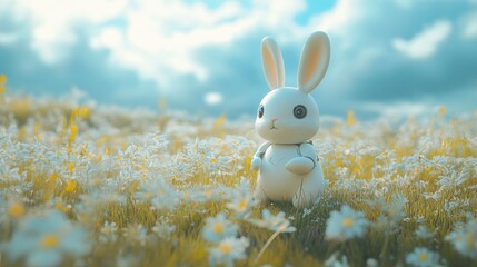 Poster - Blue grass hill with rabbit robot