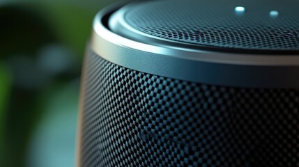 Poster - A close-up of a smart speaker with a digital assistant interface, displaying the sleek surface and integrated microphone, representing the fusion of technology and audio.