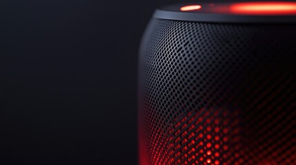 Poster - A close-up of a smart speaker with a digital assistant interface, displaying the sleek surface and integrated microphone, representing the fusion of technology and audio.