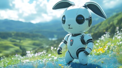 Poster - Cartoon-style rabbit robot on blue grass hill