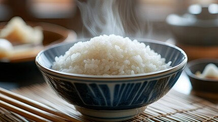 A close-up of a steaming bowl of fluffy, white rice with wisps of steam rising, set on a traditional dining table with chopsticks and side dishes.