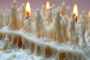 Poster - A melting candle with wax forming into tiny people figures as it drips, isolated on a pastel pink background,