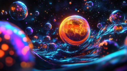 Wall Mural - Abstract Space Art with Glowing Orbs