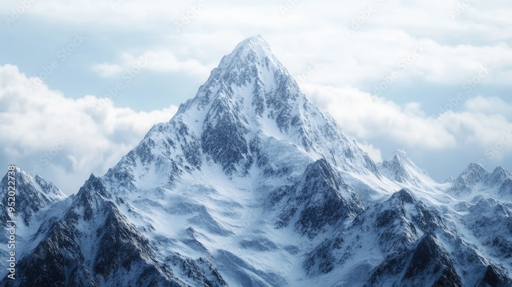A close-up of a towering mountain peak with sharp ridges and glaciers ...