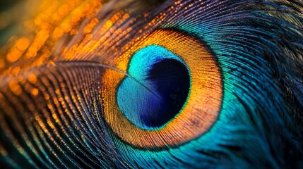 Wall Mural - Peacock Feather Close Up with Eye Spot and Bokeh