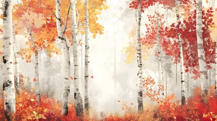 Wall Mural - Autumn Birch Forest Watercolor Painting