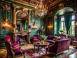 © kittipon - luxurious velvet accent walls in a rich jewel-toned color scheme with ornate antique furnishings in an opulent Victorian-era mansion