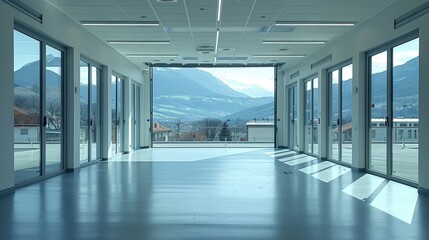 Wall Mural - A spacious, modern, glass-walled room with a stunning view of distant mountains, visible through clear windows, and featuring a clean, polished floor, bathed in natural light