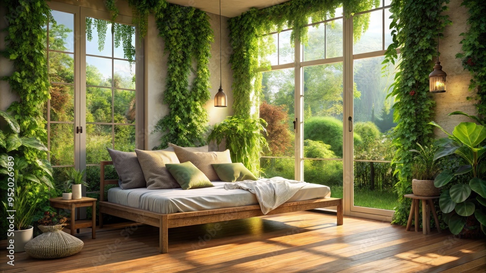 soft summer breeze rustles the leaves of a lush greenery-filled bedroom ...
