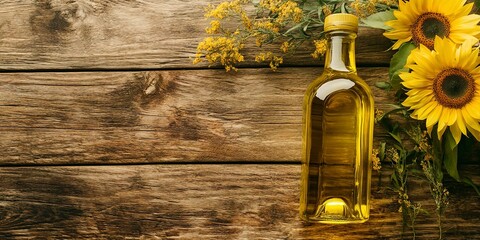 Poster - A bottle of sunflower oil gleams on a rustic wooden table, showcasing the rich golden hue of the oil against the earthy backdrop 