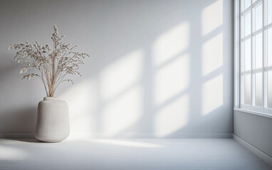 Minimalist tranquil room with a large window filling the room with natural light and minimal furniture or decor.