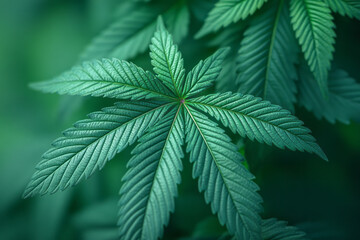 Aufkleber - A close-up of a healthy cannabis leaf with detailed veins, isolated on a soft pastel green background,
