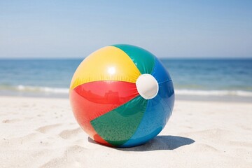 Colorful beach ball on white sand with blue sea in the background.