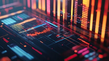 Poster - A detailed shot of a 3D stacked column graph with multiple layers and segments, illustrating the breakdown of financial data across different categories and time periods.
