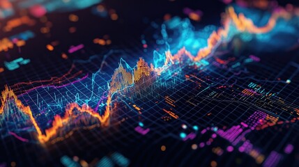 Poster - A detailed shot of a 3D surface graph with color gradients and data overlays, depicting complex financial relationships and market trends in an engaging visual format.