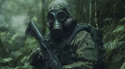 Canvas Print - Soldier in Gas Mask with Rifle in Jungle