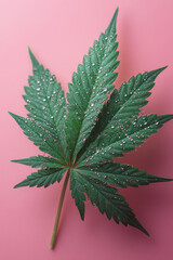 Poster - A cannabis leaf with droplets of morning dew, isolated on a pastel pink background,