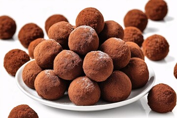 Wall Mural - Chocolate truffles on white plate, close up.