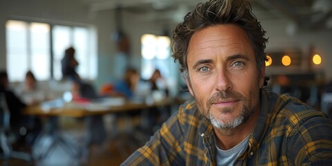 Wall Mural - A bearded man wearing a checkered shirt sits in a modern office environment with colleagues working in the background, reflecting a professional yet relaxed atmosphere