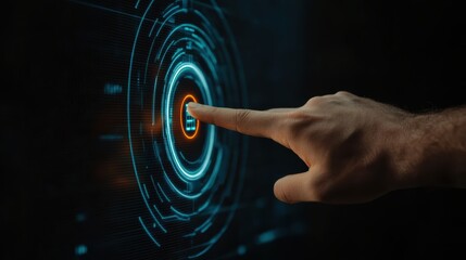 A hand reaching out to touch a holographic firewall interface, symbolizing security measures to protect against cyber threats.