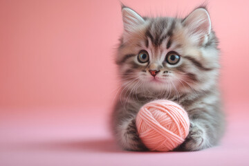 Poster - A fluffy kitten playing with a ball of yarn, isolated on a soft pastel pink background,