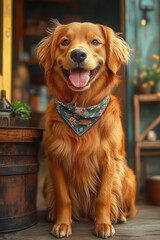 Poster - A golden retriever sitting with its tongue out, wearing a bandana, isolated on a pale yellow background,
