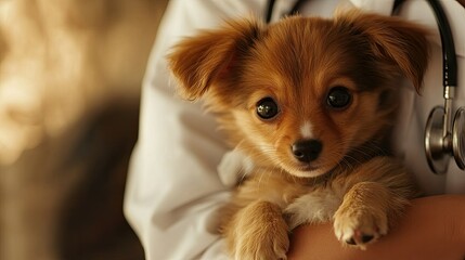 A detailed shot of a veterinarian holding a small dog or kitten, with a warm and reassuring expression, highlighting the compassionate care provided to pets.