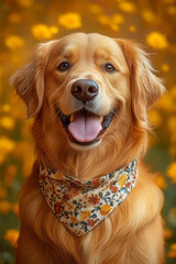 Poster - A golden retriever sitting with its tongue out, wearing a bandana, isolated on a pale yellow background,