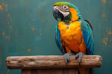 Poster - A parrot sitting on a wooden perch with colorful feathers displayed, isolated on a pastel green background,